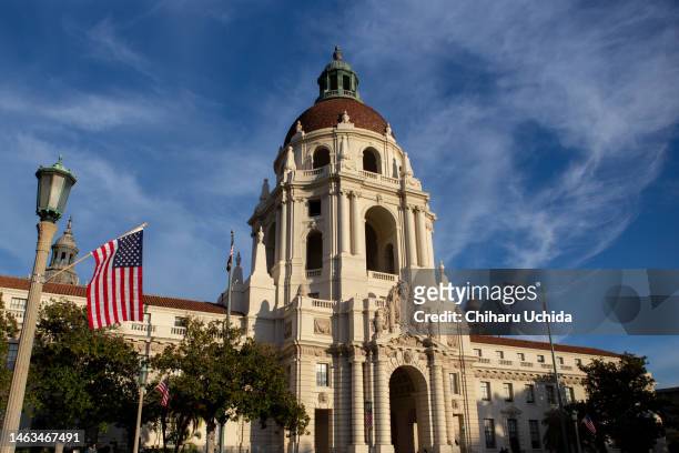 pasadena city hall with american flag - pasadena california stock pictures, royalty-free photos & images