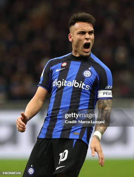 Lautaro Martinez of FC Internazionale reacts during the Serie A match between FC Internazionale and AC MIlan at Stadio Giuseppe Meazza on February...