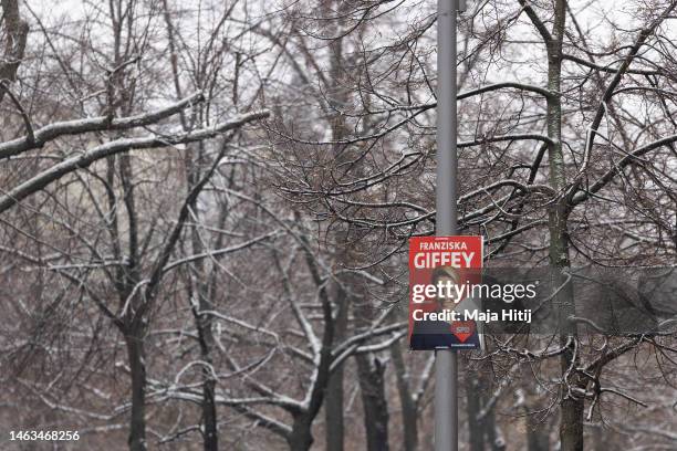 An election campaign poster that shows Berlin Governing Mayor and Social Democrat Franziska Giffey is seen on February 06, 2023 in Berlin, Germany....