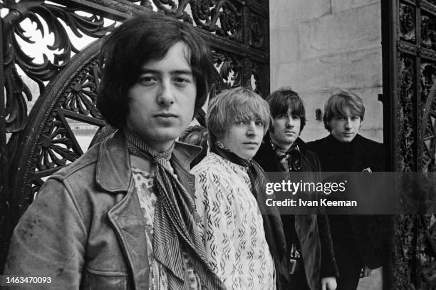 English rock group The Yardbirds posed by the gates of Marble Arch in London in 1967. Members of the group are, from left, Jimmy Page, Keith Relf ,...