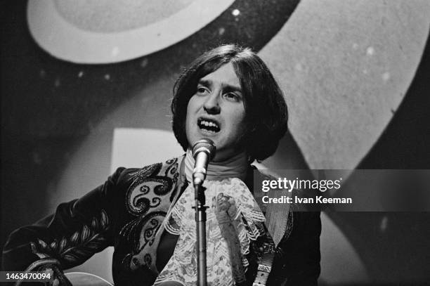 English musician and guitarist Dave Davies of The Kinks performs the song 'Death of a Clown' on the set of the BBC Television pop music television...