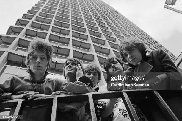 English rock band Procol Harum posed outside the Centre Point office building at St Giles Circus in London in May 1967. Members of the group are,...