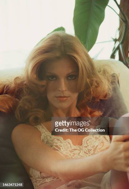 Portrait of American model and actress Victoria Lynn Johnson as she reclines on a couch, June 1977. The photo was taken as part of a session for...