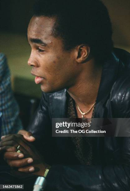 Close-up of American Middleweight boxer Sugar Ray Leonard during a press conference, 1981.