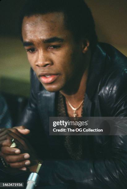 Close-up of American Middleweight boxer Sugar Ray Leonard during a press conference, 1981.