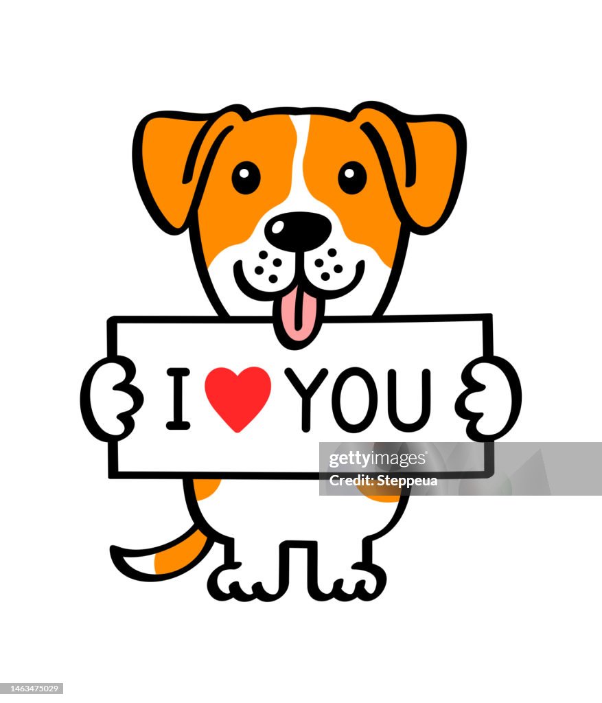 Dog holding a placard with text "I love you"