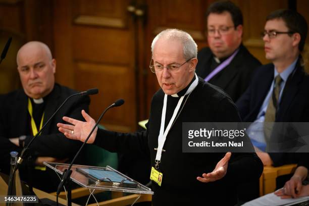 Archbishop of Canterbury Justin Welby addresses delegates during the opening of the General Synod at The Church House on February 06, 2023 in London,...