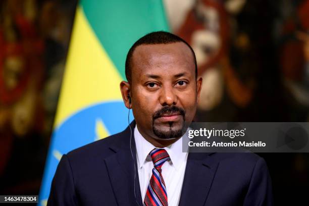 Ethiopian Prime Minister Abiy Ahmed Ali and Italian Prime Minister Giorgia Meloni hold a joint press conference after their meeting at Palazzo Chigi,...