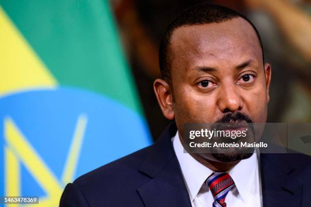 Ethiopian Prime Minister Abiy Ahmed Ali and Italian Prime Minister Giorgia Meloni hold a joint press conference after their meeting at Palazzo Chigi,...