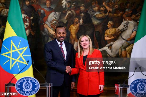 Italian Prime Minister Giorgia Meloni and Ethiopian Prime Minister Abiy Ahmed Ali shake hands during the joint press conference after their meeting...