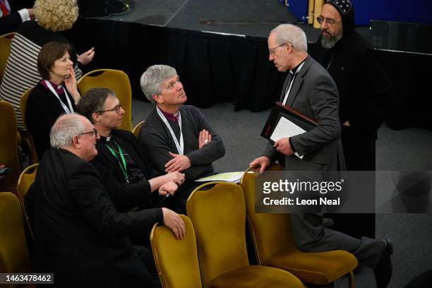 Archbishop of Canterbury Justin Welby speaks with delegates ahead of the opening of the General Synod at The Church House on February 06, 2023 in...