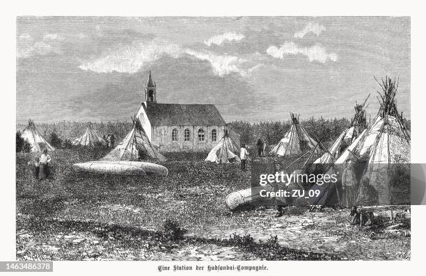 stockillustraties, clipart, cartoons en iconen met hudson's bay company in canada, wood engraving, published in 1899 - kolonialisme