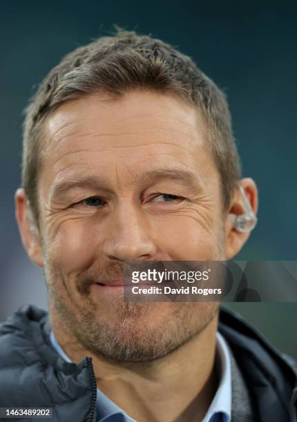 Former England international Jonny Wilkinson looks on during the Six Nations Rugby match between England and Scotland at Twickenham Stadium on...