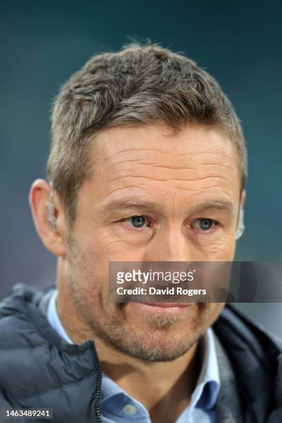 Former England international Jonny Wilkinson looks on during the Six Nations Rugby match between England and Scotland at Twickenham Stadium on...