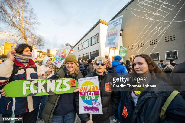 People demonstrate against the AfD 10th anniversary celebration on February 06, 2023 in Koenigstein, Germany. The AfD was born out of a Euro skeptics...