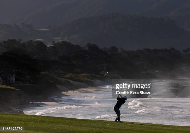 Satoshi Kodaira of Japan hits a second shot on during the continuation of the final round of the AT&T Pebble Beach Pro-Am at Pebble Beach Golf Links...