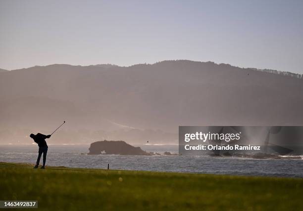 Doc Redman hits a shot on the 18th hole during the continuation of the final round of the AT&T Pebble Beach Pro-Am at Pebble Beach Golf Links on...