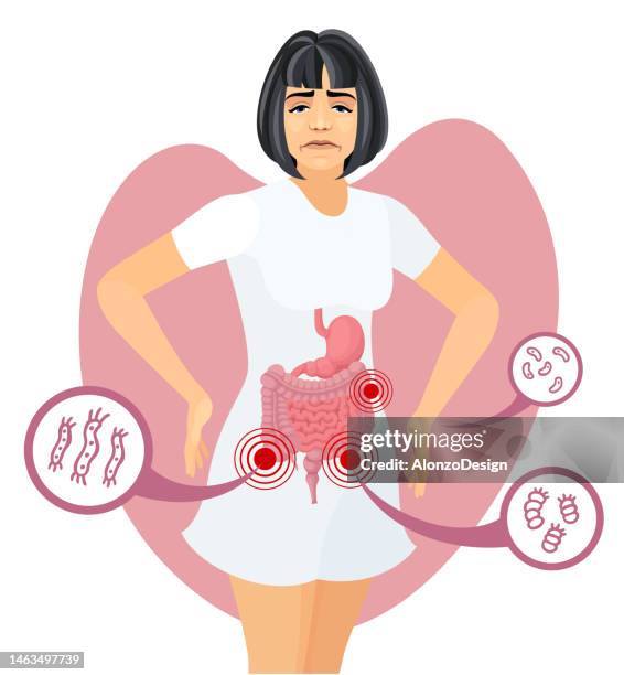 sad woman with bad gut bacteria. - irritable bowel syndrome stock illustrations