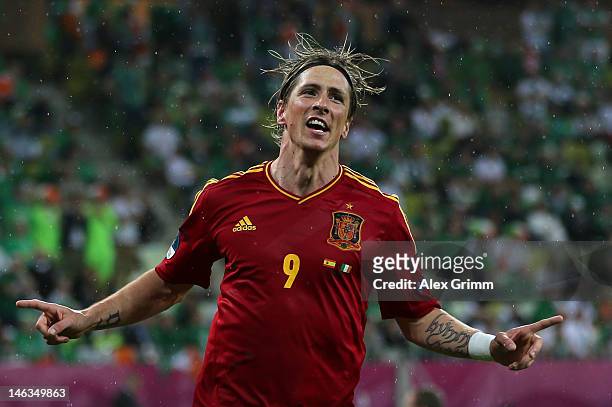 Fernando Torres of Spain celebrates scoring their third goal during the UEFA EURO 2012 group C match between Spain and Ireland at The Municipal...