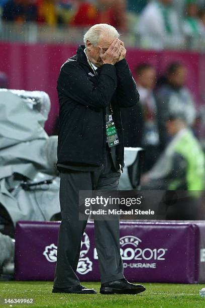 Head Coach Giovanni Trapattoni of Republic of Irelandputs his head in hands during the UEFA EURO 2012 group C match between Spain and Ireland at The...