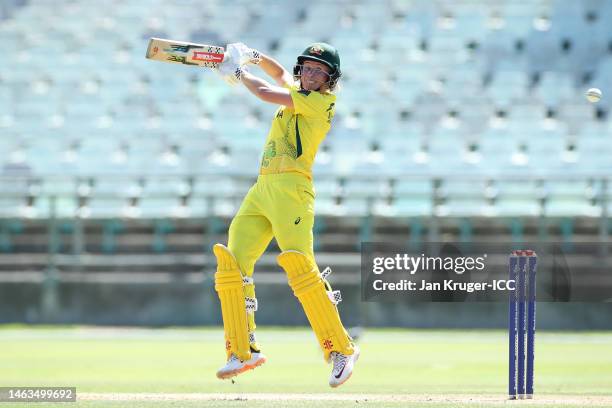 Beth Mooney of Australia plays a shot during a warm-up match between Australia and India prior to the ICC Women's T20 World Cup South Africa 2023 at...