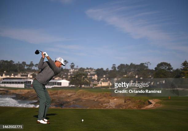 Brendon Todd hits a tee shot on the 18th hole during the continuation of the final round of the AT&T Pebble Beach Pro-Am at Pebble Beach Golf Links...