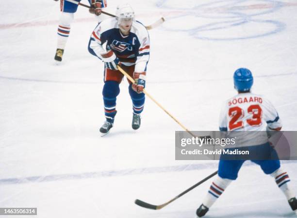 Brian Leetch of the USA plays in a game against Norway on February 19, 1988 during the 1998 Winter Olympics Ice Hockey tournament at the Saddledome...