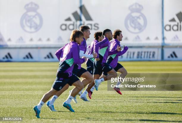 Luka Modric, Toni Kroos, Mariano Diaz, Alvaro Odriozola and Jesus Vallejo players of Real Madrid are training at Valdebebas training ground on...
