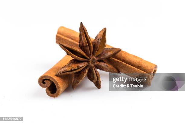 stars of anise and cinnamon isolated on white background - canelo fotografías e imágenes de stock