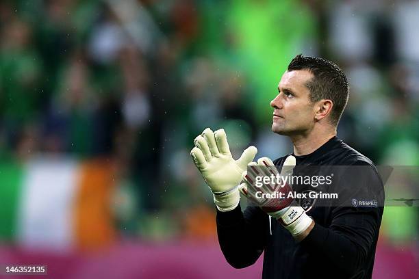 Shay Given of Republic of Ireland looks on during the UEFA EURO 2012 group C match between Spain and Ireland at The Municipal Stadium on June 14,...