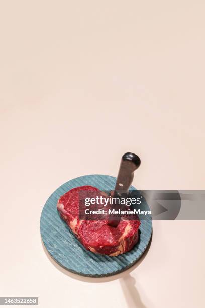 rohes rindersteakfleisch auf teller mit messer und gewürzen auf buntem hintergrund - tenderloin filetsteak stock-fotos und bilder