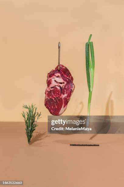 raw beef steak meat hanging on hook with cooking ingredients and herbs on colorful background - foodstyling stockfoto's en -beelden
