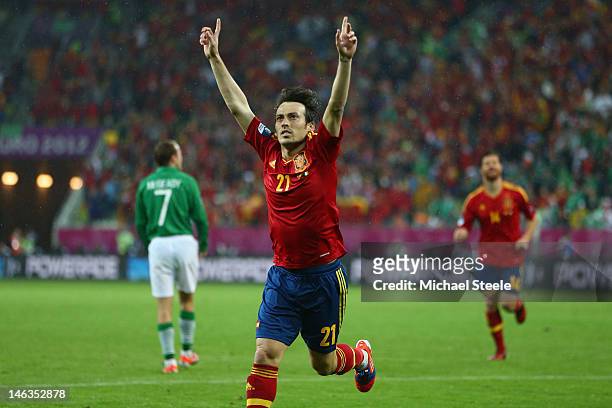 David Silva of Spain celebrates scoring his goal during the UEFA EURO 2012 group C match between Spain and Ireland at The Municipal Stadium on June...