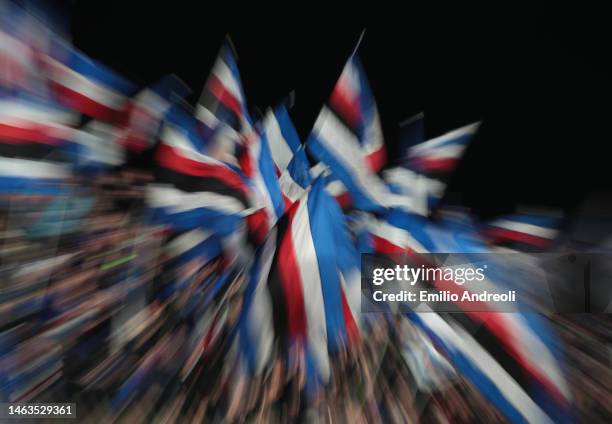 Fans of Sampdoria wave their flags in support during the Serie A match between AC Monza and UC Sampdoria at Stadio Brianteo on February 06, 2023 in...