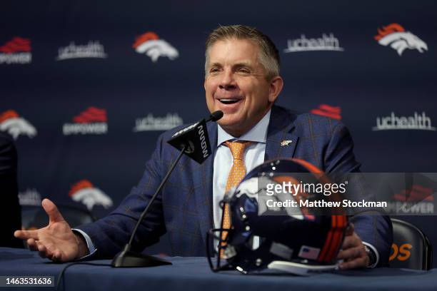 New Denver Broncos Head Coach Sean Payton fields questions from the media during a press conference at UCHealth Training Center on February 06, 2023...