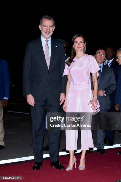 King Felipe VI of Spain and Queen Letizia of Spain are seen arriving at Quatro de Fevereiro International Airport on February 06, 2023 in Luanda,...