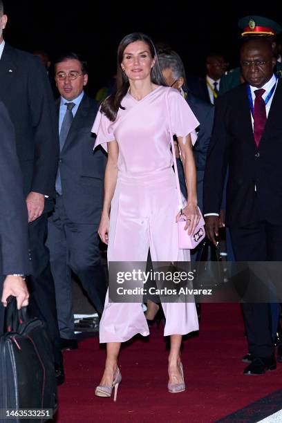 Queen Letizia of Spain is seen arriving at Quatro de Fevereiro International Airport on February 06, 2023 in Luanda, Angola. This is the first...