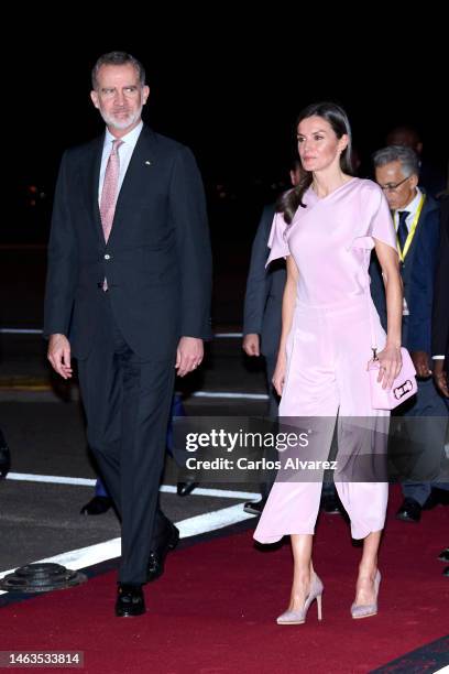 King Felipe VI of Spain and Queen Letizia of Spain are seen arriving at Quatro de Fevereiro International Airport on February 06, 2023 in Luanda,...