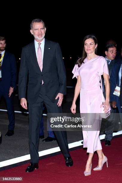 King Felipe VI of Spain and Queen Letizia of Spain are seen arriving at Quatro de Fevereiro International Airport on February 06, 2023 in Luanda,...