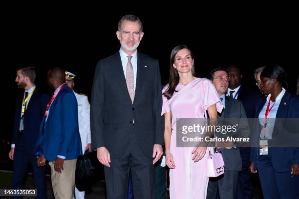 King Felipe VI of Spain and Queen Letizia of Spain are seen arriving at Quatro de Fevereiro International Airport on February 06, 2023 in Luanda,...