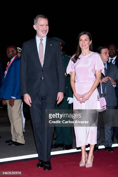 King Felipe VI of Spain and Queen Letizia of Spain are seen arriving at Quatro de Fevereiro International Airport on February 06, 2023 in Luanda,...
