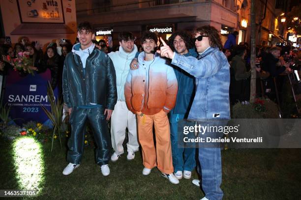 Colla Zio attends the green carpet during the 73rd Sanremo Music Festival 2023 at Teatro Ariston on February 06, 2023 in Sanremo, Italy.