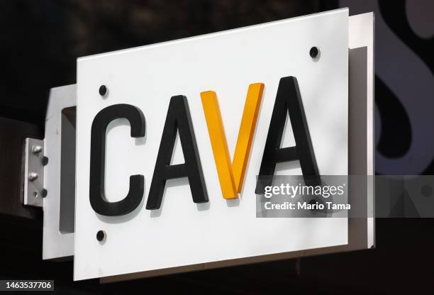 The Cava logo is displayed at a Cava restaurant chain location on February 6, 2023 in Pasadena, California. The Mediterranean restaurant chain...