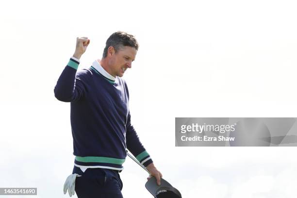 Justin Rose of England celebrates winning on the 18th green during the continuation of the final round of the AT&T Pebble Beach Pro-Am at Pebble...