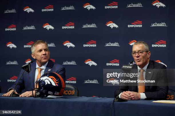 New Denver Broncos Head Coach Sean Payton listens as Denver Broncos Owner and CEO Greg Penner fields questions from the media during a press...