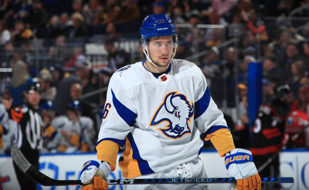 Ilya Lyubushkin of the Buffalo Sabres prepares for a faceoff against the Carolina Hurricanes during an NHL game on February 1, 2023 at KeyBank Center...