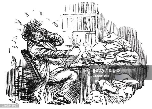 desperate man sitting at his desk pressing papers with one hand, other hand on head - bad hair day stock illustrations