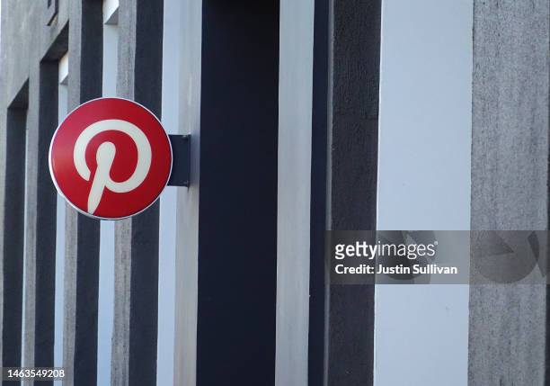 Sign is posted in front of a Pinterest office on February 06, 2023 in San Francisco, California. Image-sharing giant Pinterest will report fourth...