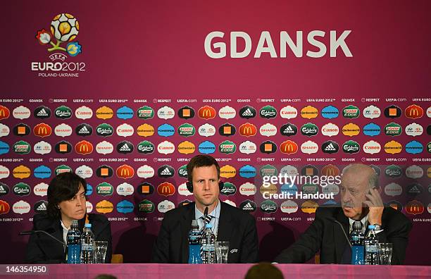 In this handout image provided by UEFA, Coach Vicente del Bosque of Spain talks to the media after the UEFA EURO 2012 Group C match between Spain and...