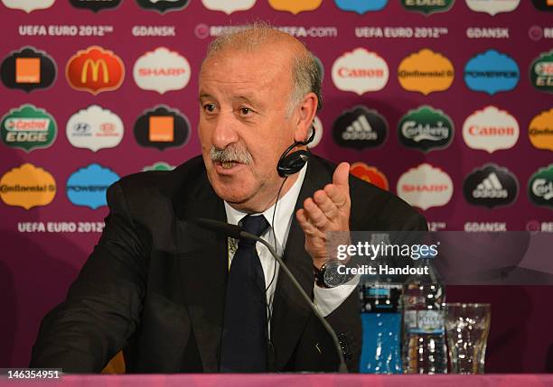 In this handout image provided by UEFA, Coach Vicente del Bosque of Spain talks to the media after the UEFA EURO 2012 Group C match between Spain and...